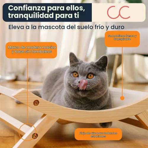 Vista 2 de CallieCo Hamaca de madera para gatos, moderna tumbona elevada para mascotas con marco de madera de primera calidad y tela transpirable, elegante