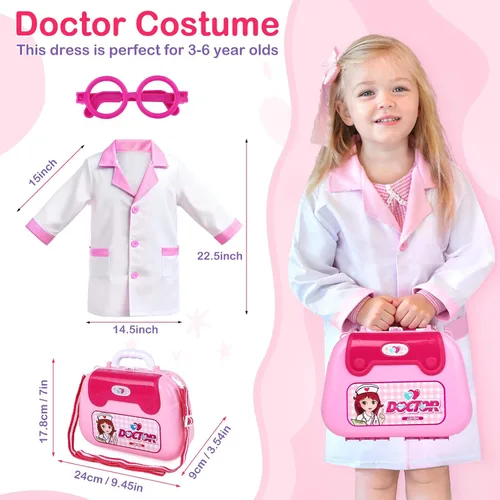 Vista 3 de Disfraz de doctor para niños – Juego de juguetes de simulación médica para niñas – Kit de médicos para niños pequeños de 3 a 5 años – Conjuntos