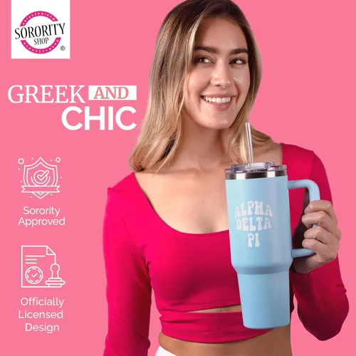 Vista 2 de Sorority Shop Alpha Phi - Vaso de 40 onzas con asa, para mujer, bonito vaso con grabado de hermandad de mujeres, vasos aislados para mantener tus