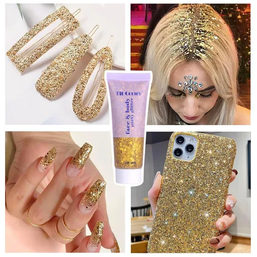 Vista 3 de Gel dorado con purpurina corporal y 2 hojas de diamantes de imitación para la cara, maquillaje con purpurina facial y joyas para el cabello, gemas