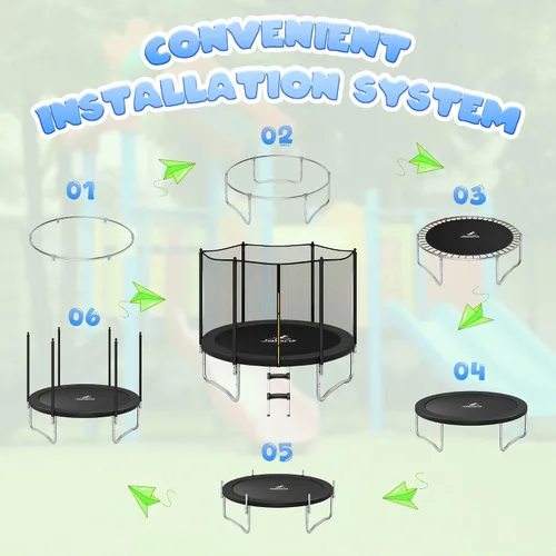Vista 7 de JELENS Trampolín de 8 pies, 10 pies, 12 pies, 14 pies, 15 pies, trampolines para exteriores con red de cierre y escalera, trampolines recreativos