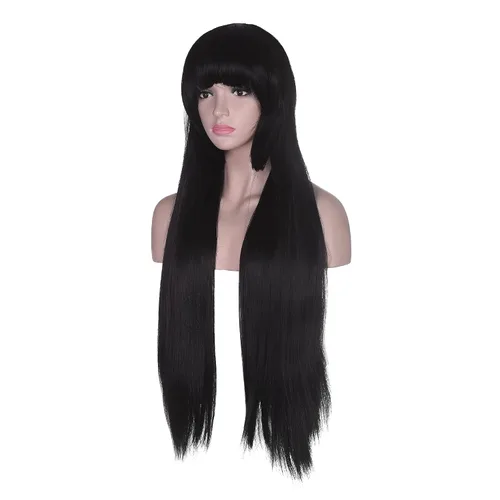 Vista 2 de Kakegurui - Peluca larga y recta negra con flequillo para anime Jabami Yumeko Cosplay Hair Halloween
