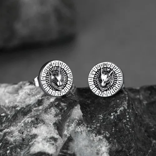 Vista 8 de FaithHeart Aretes de tuerca vikingos nórdicos para hombres y mujeres, de acero inoxidable, con diseño de valknutbrújulanudo celtacabeza de lobo