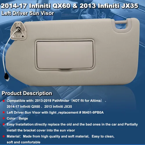 Vista 2 de NHILES Visera Solar Izquierda del Conductor con Lámpara y Espejo para Nissan Pathfinder 2013-2020 2014-2020 Infiniti QX60 y 2013 Infiniti JX35, OEM