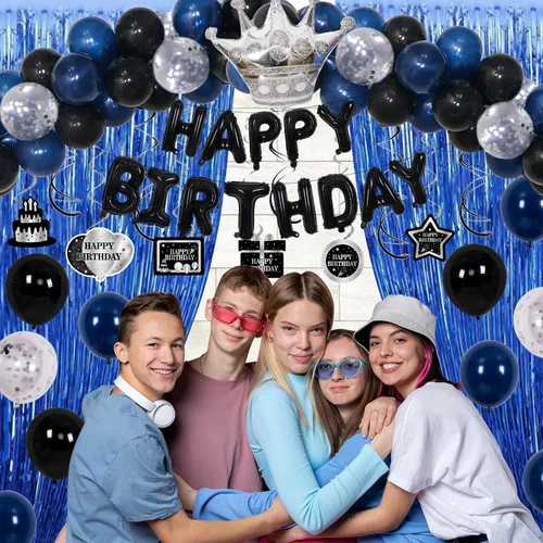 Vista 4 de Decoraciones de cumpleaños para niños, hombres, mujeres y niñas, decoración de fiesta de feliz cumpleaños azul y negro, pancarta de feliz