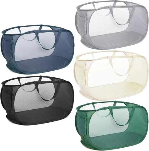 Vista 33 de Cestas de lavandería plegables duraderas, cesta de lavandería desplegable de malla con bolsillo lateral, cesta de ropa plegable con asas