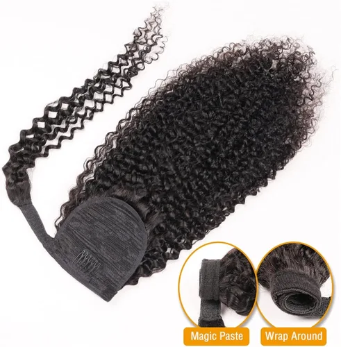 Vista 2 de Extensiones de cabello rizado con cola de caballo de 12 a 26 pulgadas, extensiones de cabello real con cola de caballo rizada, para mujeres negras