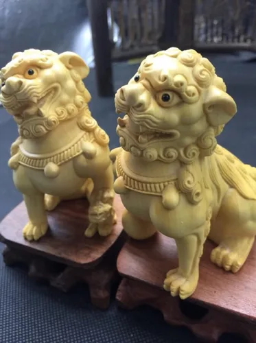 Vista 7 de Feng Shui - Par de estatuas de perros Fu Foo, adornos de estatua de Kylin de madera maciza, protección de energía malvada, estatua de Pixiu/Piyao