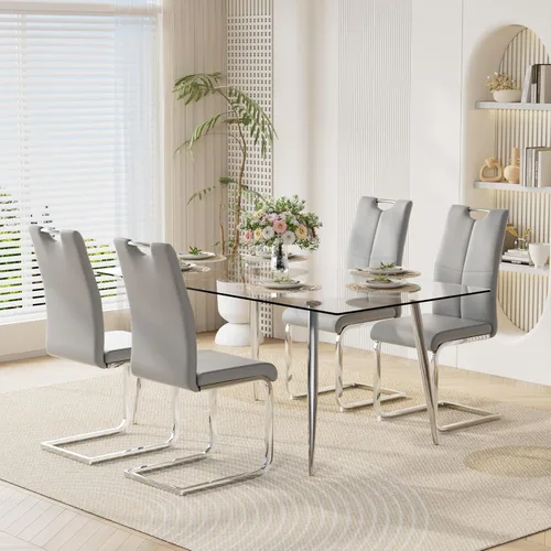 Vista 33 de Juego de mesa de comedor moderno de 51 pulgadas para 4 mesas rectangulares de cristal con 4 sillas tapizadas de cuero, asientos 4 ideales para Beige