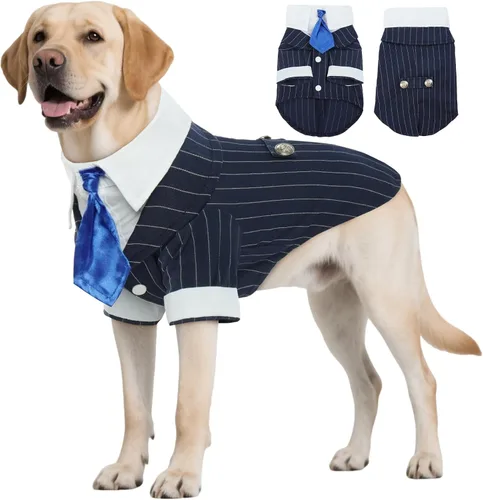 Vista 10 de DENTRUN - Traje de esmoquin para perro con corbatín - Camisa formal de disfraz para mascotas a rayas en negro y blanco, elegante atuendo de boda