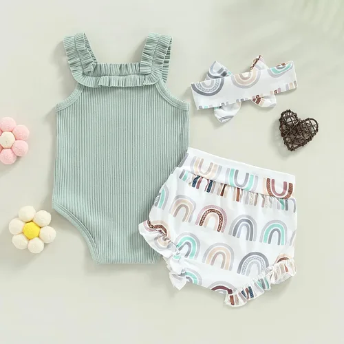 Vista 7 de Engofs Ropa de verano para bebé recién nacido, sin mangas, traje corto, diadema, 3 piezas