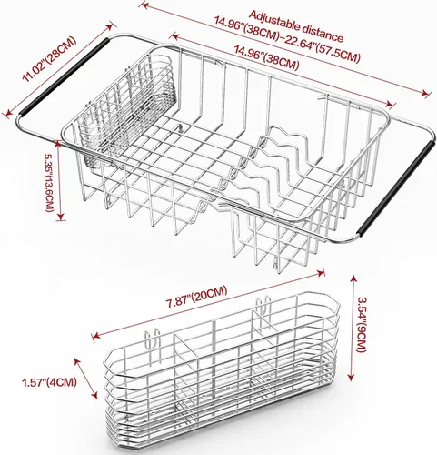 Vista 2 de Escurridor grande para platos en el fregadero expandible, ajustable de acero inoxidable 304, escurridor organizador de platos de metal con soporte