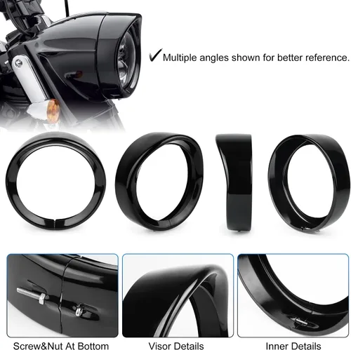 Vista 2 de Anillo de ajuste para faros delanteros de motocicleta de 7 pulgadas, estilo visera negra, fácil de instalar, compatible con Harley Touring Softail