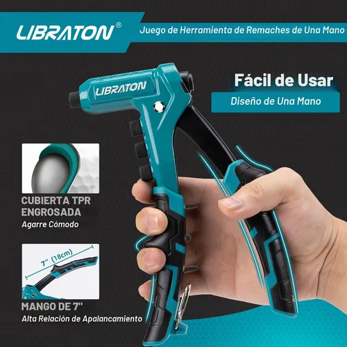 Vista 2 de LIBRATON Pistola de remache de una mano, juego de pistola de remache pop, remachadora manual profesional, herramienta de remachado manual con 200