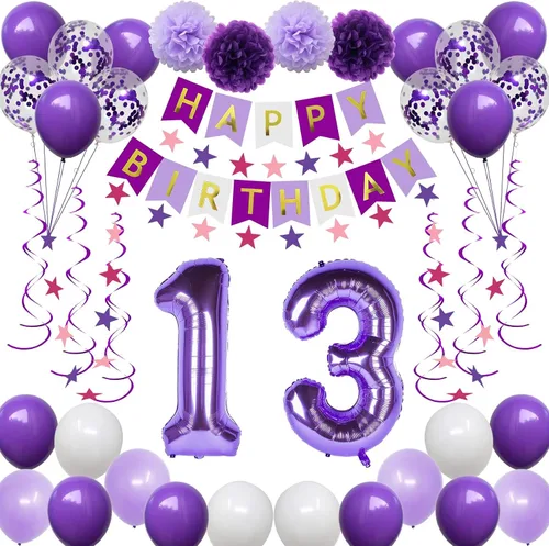 Vista 8 de Decoraciones de cumpleaños número 10 para niñas, globos morados de feliz cumpleaños, pancarta, globos de números, serpentinas de estrellas