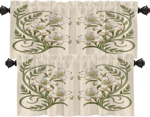 Vista 85 de Shrahala Art Nouveau Floral Pattern Blackout Curtain Tiers, Delicate Vine and Flower Design Kitchen Valance Light Blocking Tier Drapes with Rod