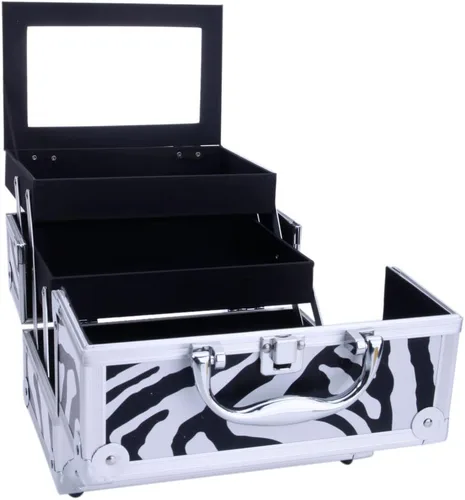 Vista 6 de Caja de tren de maquillaje de aluminio ligero, joyero, organizador de cosméticos con espejo (9.06 x 5.91 x 5.91) (largo x ancho x alto) cebra