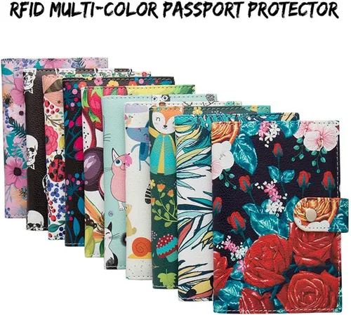 Vista 3 de Funda para pasaporte de viaje, con bloqueo RFID, piel sintética, con botón a presión, funda protectora para tarjeta de identificación, Rosa, Cartera