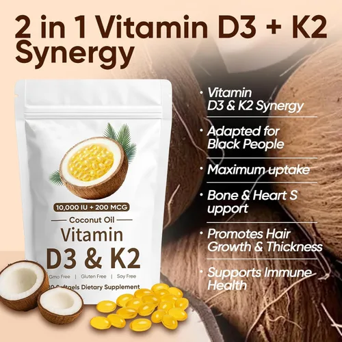 Vista 2 de Naturals D3 K2, Vitamina D3 10000 UI + K2 200 MCG, Vitamina D3 y K2 Cápsulas blandas de aceite de coco para hueso, salud inmunológica, aumenta