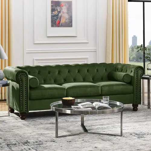 Vista 12 de Sofá de dos plazas de cuero aireado capitonado, sofá de brazo enrollado con adornos de cabeza de clavo y 2 almohadas de cuello enrollado, decoración