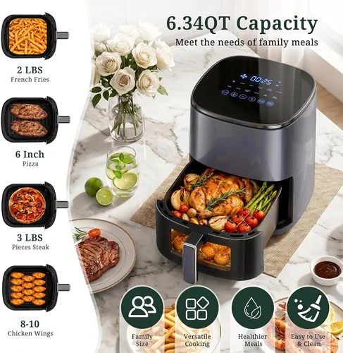 Vista 3 de Freidora de aire, freidora de aire de 6 cuartos con ventana de visión, horno freidora de aire digital 12 en 1, calentamiento rápido de 400 °F, cesta
