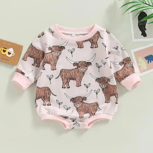 Vista 7 de Ropa occidental para bebé, niño, niña, sudadera con estampado de vaca de las tierras altas, mameluco de burbujas, traje de vaquero para bebé
