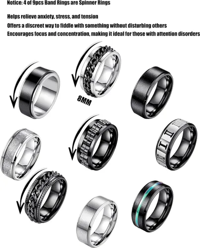 Vista 3 de Masedy Juego de 9 anillos para hombres y mujeres, anillos de promesa de boda, anillos giratorios para ansiedad, 0.315 in