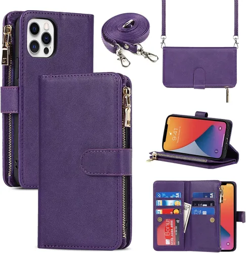 Vista 8 de Funda para iPhone 12 Pro Max para mujer con tarjetero, para iPhone 12 Pro Max, funda cruzada con correa para el hombro, bolsillo con cremallera