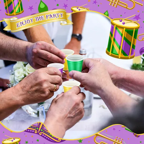 Vista 3 de Roshtia Paquete de 100 vasos desechables de 2 onzas, vasos de chupito de Mardi Gras, pequeños vasos de plástico para Navidad, fiesta de Año Nuevo