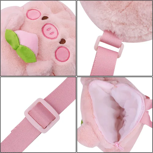 Vista 7 de Linda mochila de peluche para niña, bolsa de peluche kawaii de cerdo para la escuela, mini bolsa de felpa para niñas y mujeres, bolso mullido