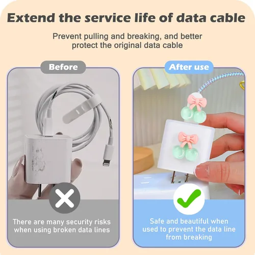 Vista 4 de CameCosy Bonito protector de cable compatible con adaptador de iPhone con diseño de peras de cereza de cristal, cubierta USB de línea de datos suave