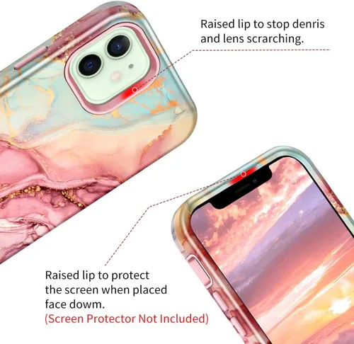 Vista 4 de Btscase para iPhone 12/iPhone 12 Pro, funda resistente de tres capas de mármol a prueba de golpes, cuerpo completo, PC duro + parachoques de TPU