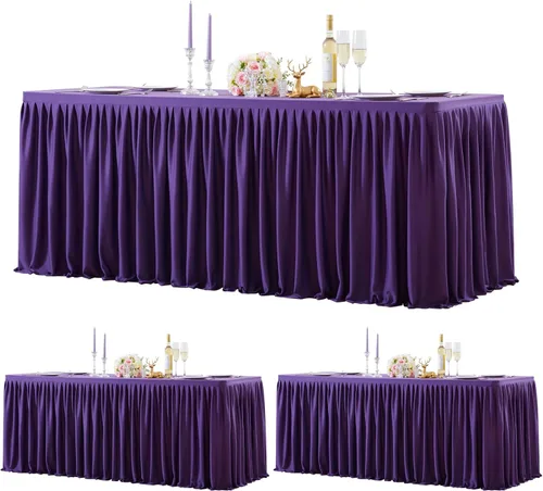 Vista 35 de Manteles de poliéster negro para mesas rectangulares de 4 pies, cubierta de mesa ajustada sin arrugas con falda de mesa plisada con volantes