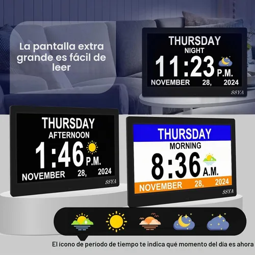 Vista 2 de SSYA Reloj de demencia para personas mayores, reloj digital con fecha y día de la semana, DST automático, reloj despertador con calendario grande