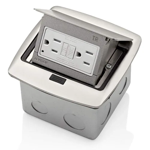 Vista 25 de Leviton Caja de suelo emergente con salida de 15 A, salida GFCI de autoprueba resistente a manipulaciones, PFGF1-MB, color negro