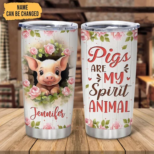 Vista 2 de Hyturtle Regalos personalizados para los amantes de los cerdos – Pigs Are My Spirit Animal vaso de acero inoxidable con nombre personalizado de 20