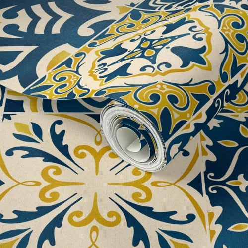 Vista 2 de Papel tapiz para despegar y pegar – Azulejos amarillos Limones Cheater Quilt Italiano Mediterráneo Azulejos Siciliano Karge Escala Toscana, Papel