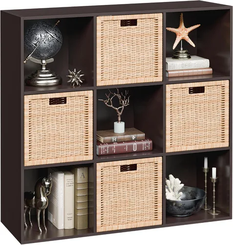 Vista 13 de JupiterForce Organizador de almacenamiento de 9 cubos, estante de exhibición de madera con 5 paneles traseros removibles, estantería de libros