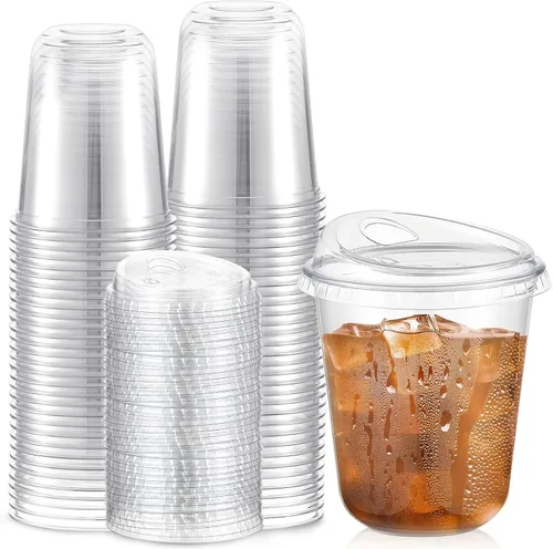Vista 9 de Baderke 100 vasos de plástico con tapas para sorber, fondo redondo, vasos de café de plástico desechables con tapas, tazas de cristal transparentes