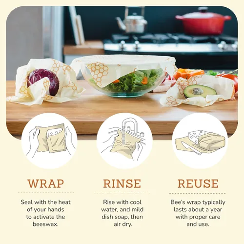 Vista 4 de Bee's Wrap, paquete variado de 3 envoltorios ecológicos y reutilizables para transportar comida Paquete de 3 panales