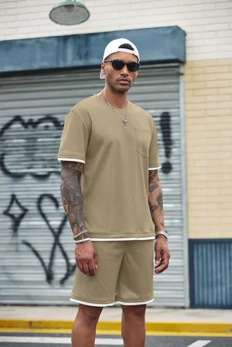 Vista 66 de COOFANDY Conjunto de camisa y pantalones cortos de gofre para hombre, conjunto de 2 piezas, conjunto casual de verano con bolsillos