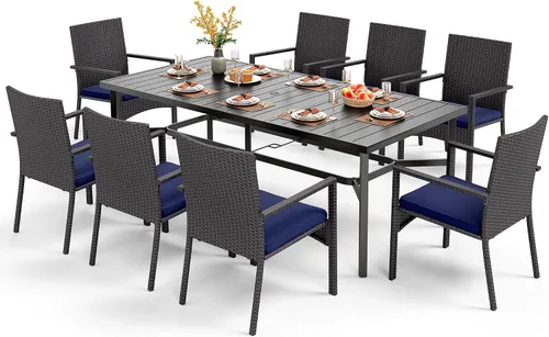 Vista 12 de PHI VILLA Juego de comedor al aire libre de 7 piezas para 6, mesa rectangular de hierro forjado de 152 cm con orificio para sombrilla y sillas