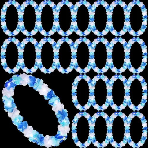 Vista 18 de Sherr 24 piezas de collares de flores hawaianas con luces LED para boda, luces LED para luau, collares de flores hawaianas para playa, carnaval