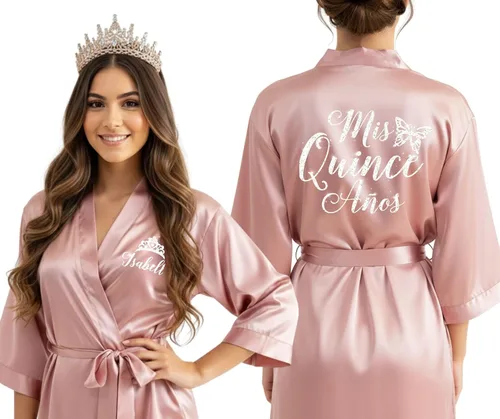 Vista 3 de Bata de satén con purpurina personalizada con corona, tiara o símbolo de mariposa para quinceañera, o mamá de quinceañera, Mis Quince Años, Damas