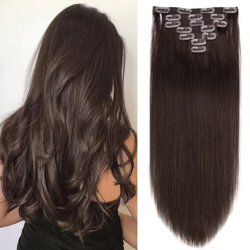 Vista 19 de Extensiones de cabello humano con clip de 14 pulgadas, 4.33 oz, 7 piezas, 16 clips, color marrón chocolate, doble trama, extensiones de cabello Remy