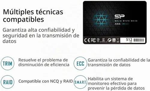 Vista 7 de Silicon Power 512GB SSD 3D NAND A55 SLC Cache Performance Boost SATA III 2.5" 7mm (0.28") SSD Unidad interna de estado sólido (SU512GBSS3A55S25EC)