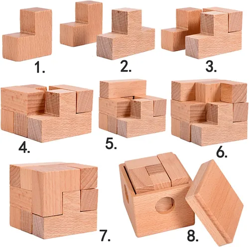 Vista 2 de Rompecabezas de madera en 3D para el cerebro, rompecabezas de madera, cubo de regalo, rompecabezas geométrico, intelectual, rompecabezas de lógica