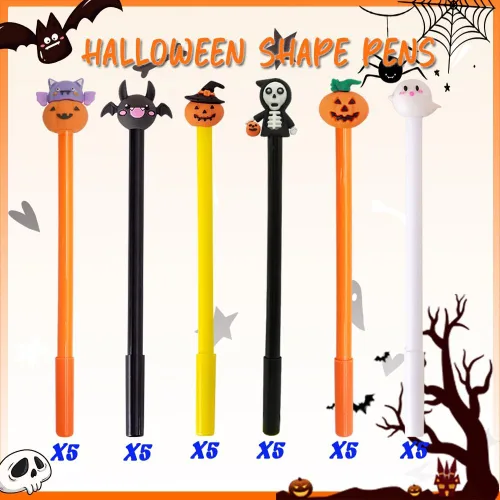 Vista 3 de 30 bolígrafos de Halloween, cabezas de calavera de calabaza, bolígrafos con forma de murciélago fantasma, bolígrafo negro a granel de 0.020 in
