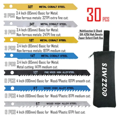 Vista 2 de 30 piezas de juego de hojas para sierra de calar con mango en U para corte de madera, plástico y metal, compatibles con Bosch DEWALT SKIL Black and