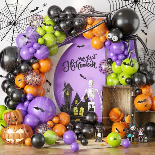 Vista 9 de Kit de guirnalda de arco de globos para decoración de Halloween, 101 piezas de globos de látex de confeti morado metálico y negro mate, con globos